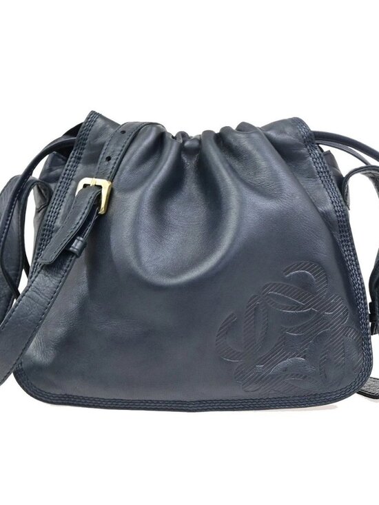 Loewe Handbags - LOEWE Logo Drawstring Anagram Shoulder Bag Leather Navy Blue GHW Spain 83KD267